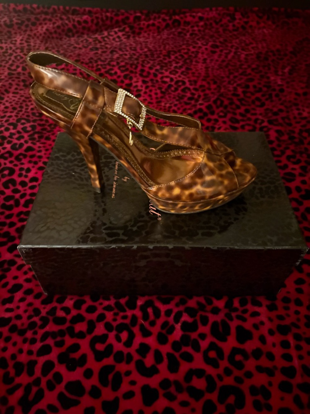 Baby Phat Leopard-Print Brown Slingback Heels with Rhinestone Buckle